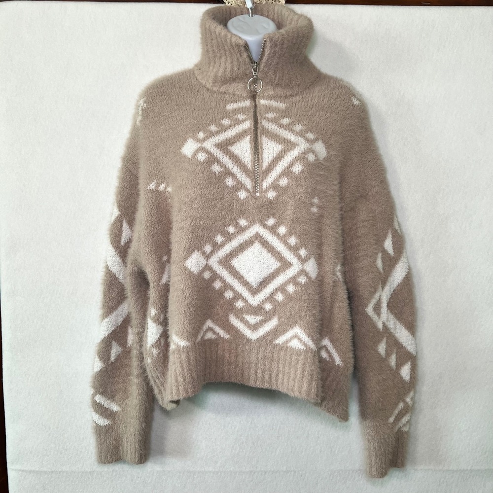 Jessica‎ Simpson Women's Tan Eyelash Knit Geometric Boho Southwestern Sweater L